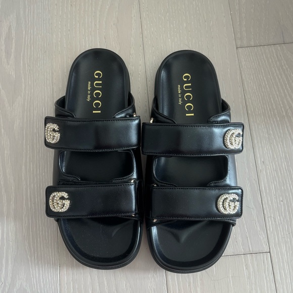 Gucci Shoes - Gucci Black Leather Double-Strap Slide Sandals with Crystal GG Accents